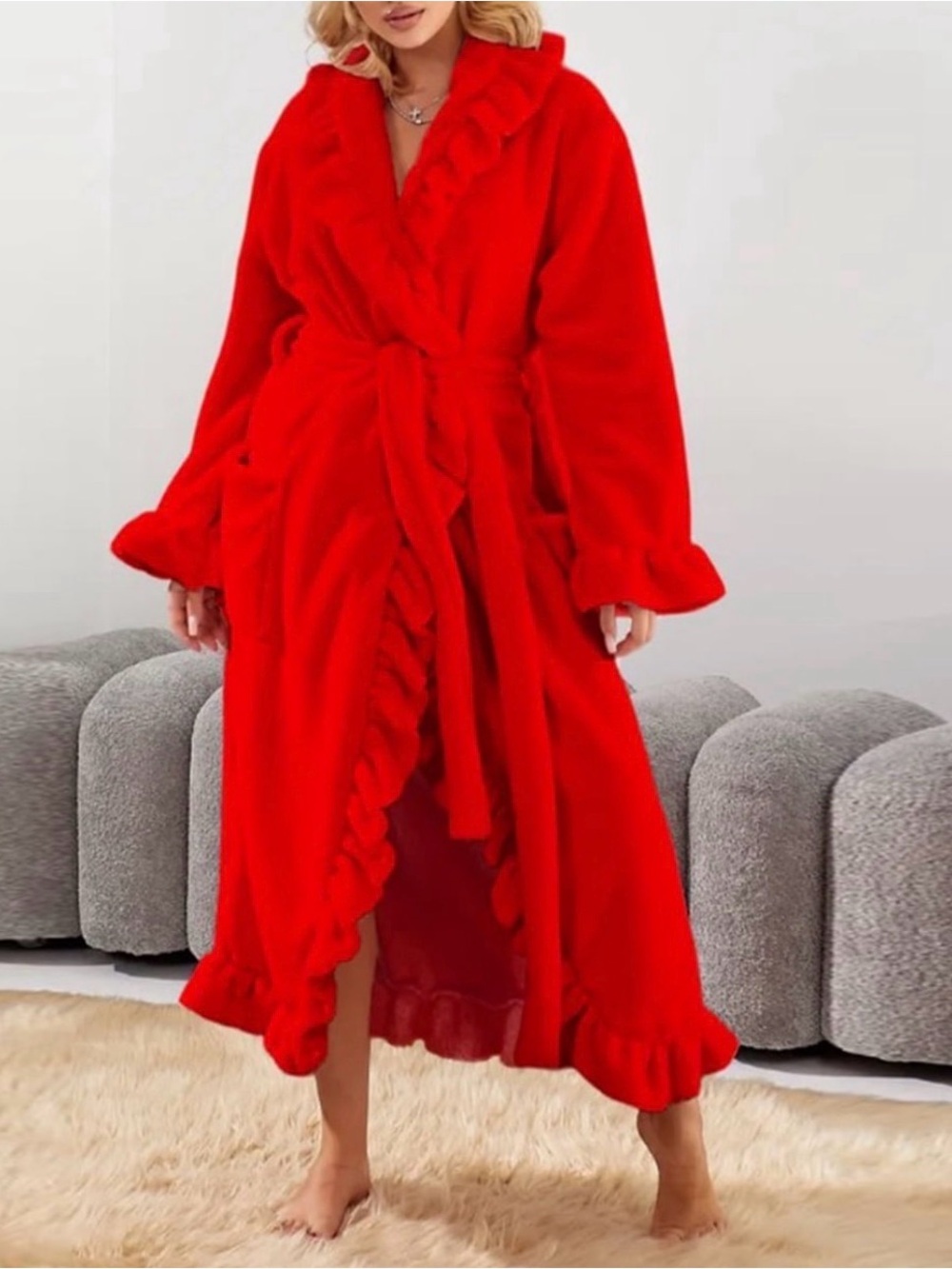 Women's Plush Ruffle-Trim Robe - Red